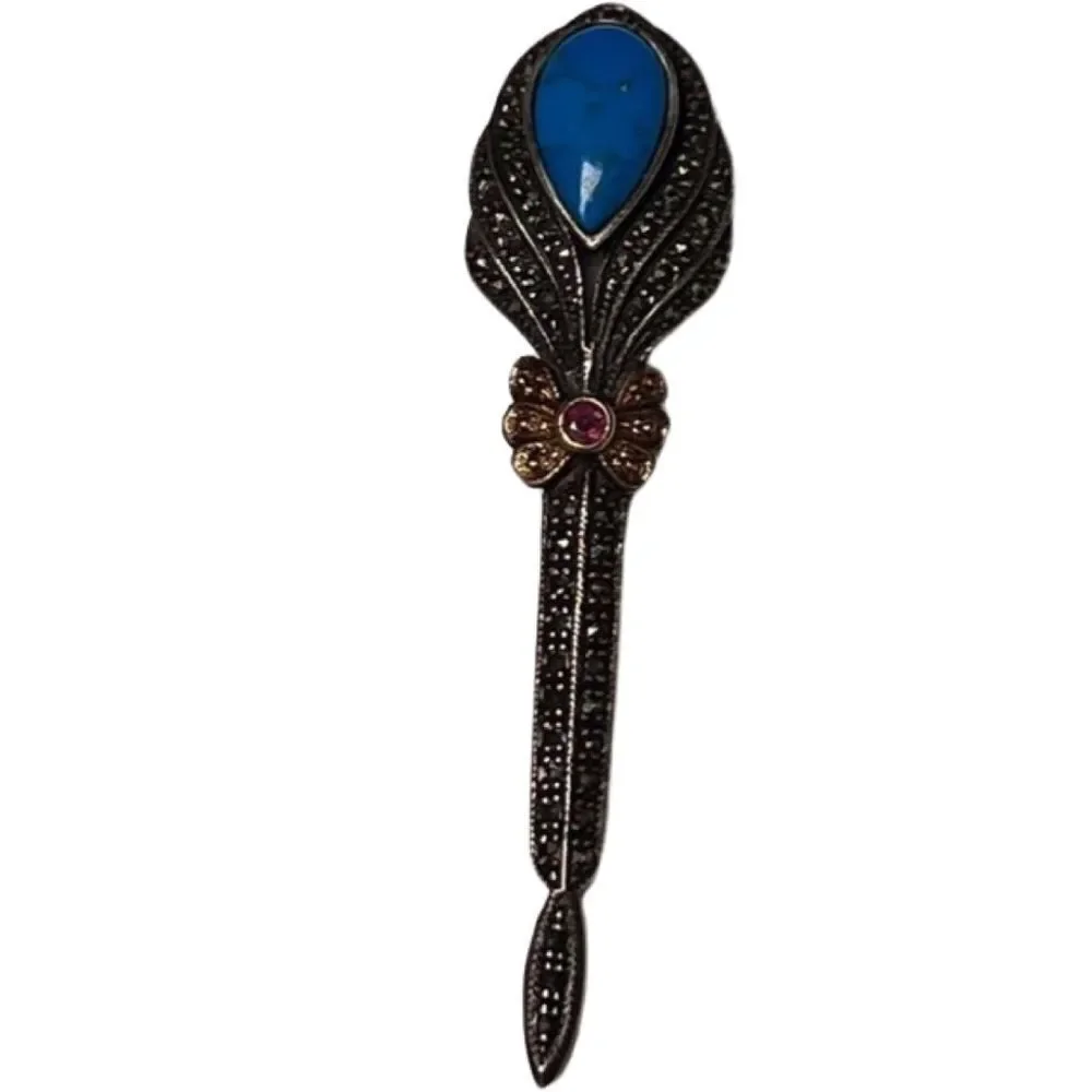 Antique Art Deco Marcasite Turquoise Pink Sapphire C-Clasp Pin Brooch